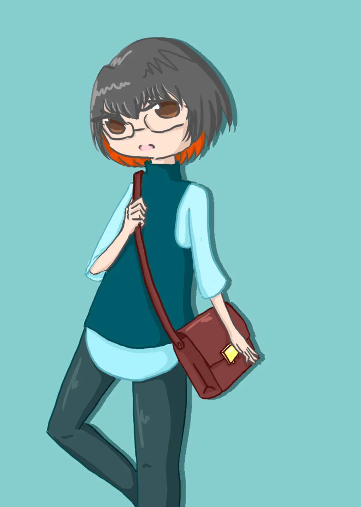 インナーカラーオレンジのメッセンジャーバッグを持った子